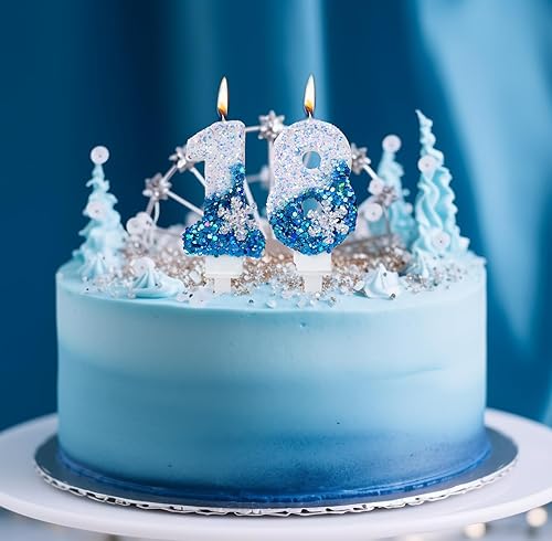 Miniatura 3 de Velas de cumpleaños azules 7, velas de cumpleaños número 7 con purpurina azul y blanca con suministros de fiesta de copo de nieve