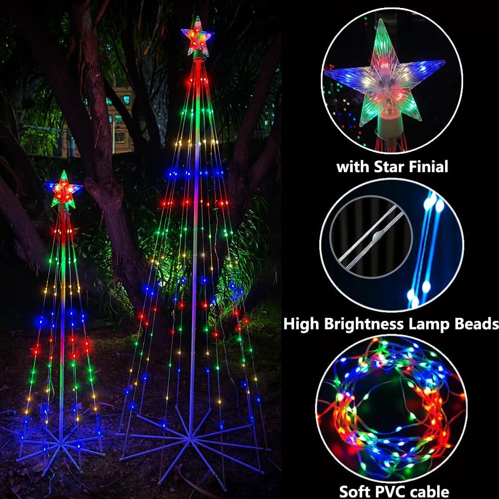 LED Lightshow Lighted Cone Wire Tree,Animated Outdoor Christmas Tree with Topper Star,Christmas Decorations Artificial Lighted Tree for Indoor Outdoor Yard Patio (Multicolor, 6FT+4FT)