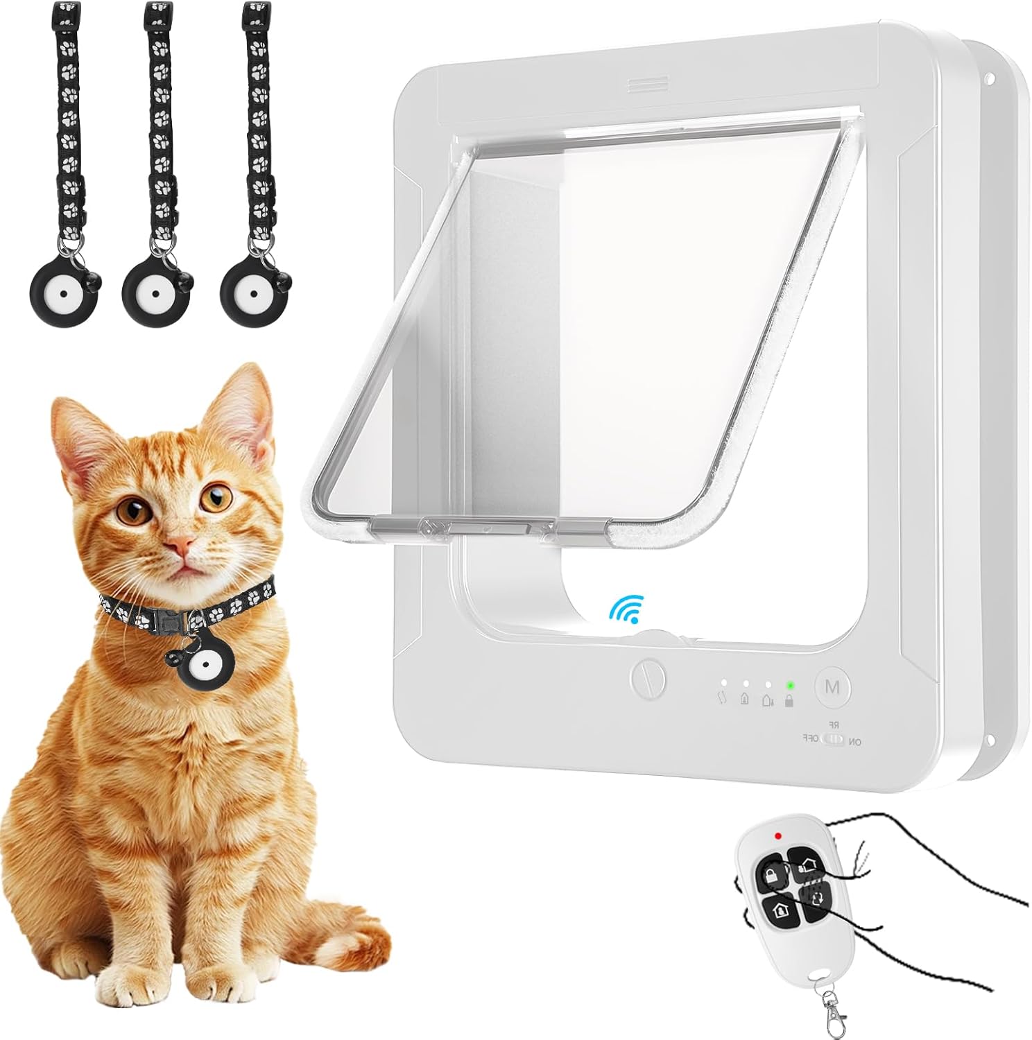 Smart Cat Door with 3 Collar Sensor, RFID Cat Door Collar Activated with Remote Control, 4 Way Locking Cat Flap Automatic Pet Door