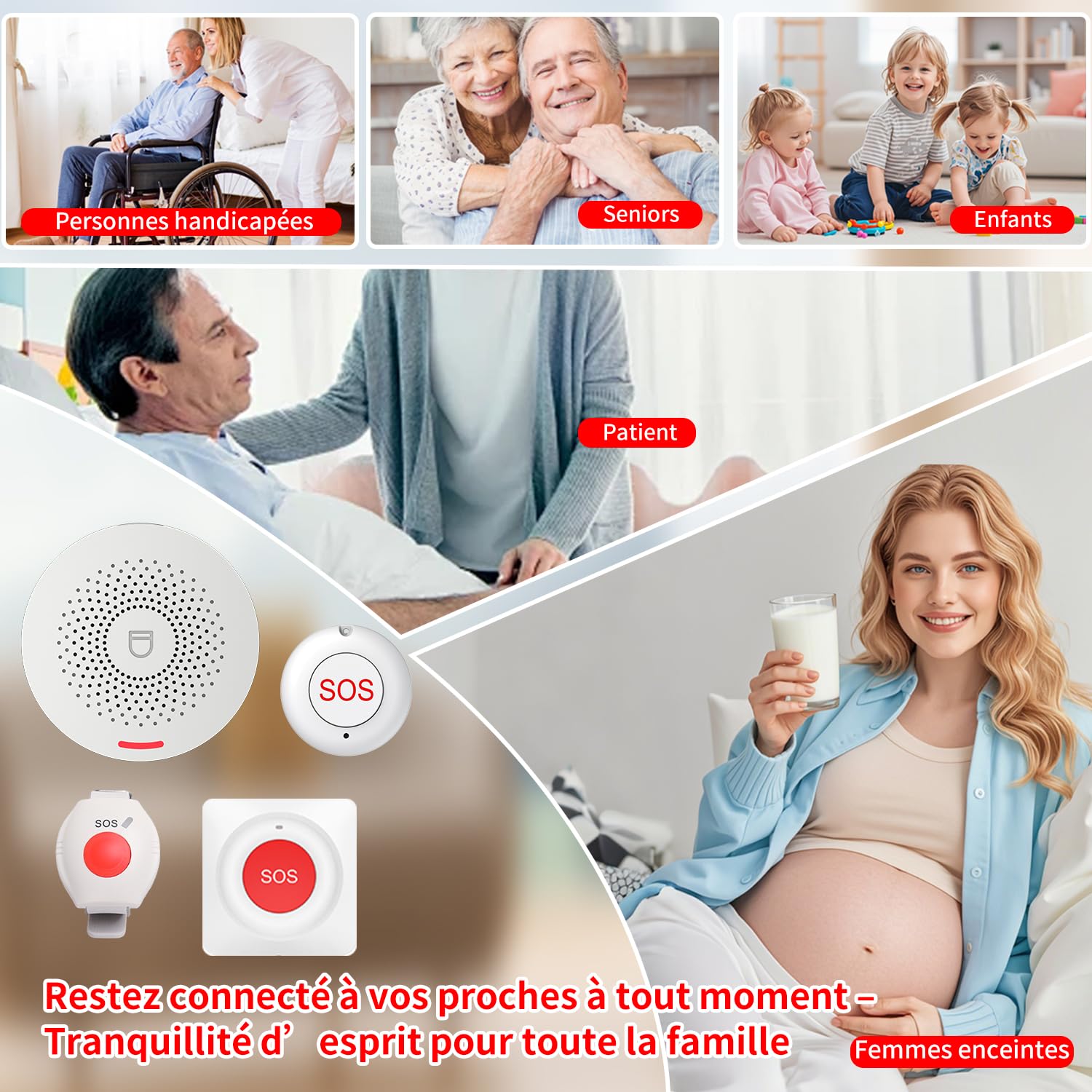 XUK Bracelet Alarme Personne Agee WiFi, Système d'Alerte Intelligent Compatible Tuya, Smart Life et Alexa – Bouton d’Urgence Étanche sans Fil 200 m avec Récepteur, Volume Réglable (Pack de 4 produits)