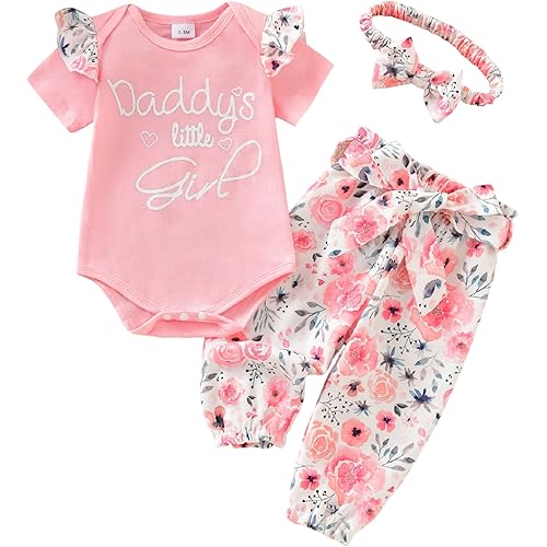 AMAWMW Baby Girl Clothes Set Daddys Little Girl Ruffle Romper Top Camouflage Pants Newborn Infant Baby Girl Outfit