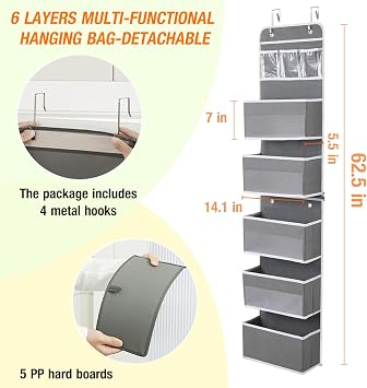 Over Door Storage Hanging Wardrobe Organiser with 6 Large Clear Pockets, 2 Metal Hooks, Hanging Handbag Storage for Bathroom Closet Dorm Nursery (Removable - Grey)