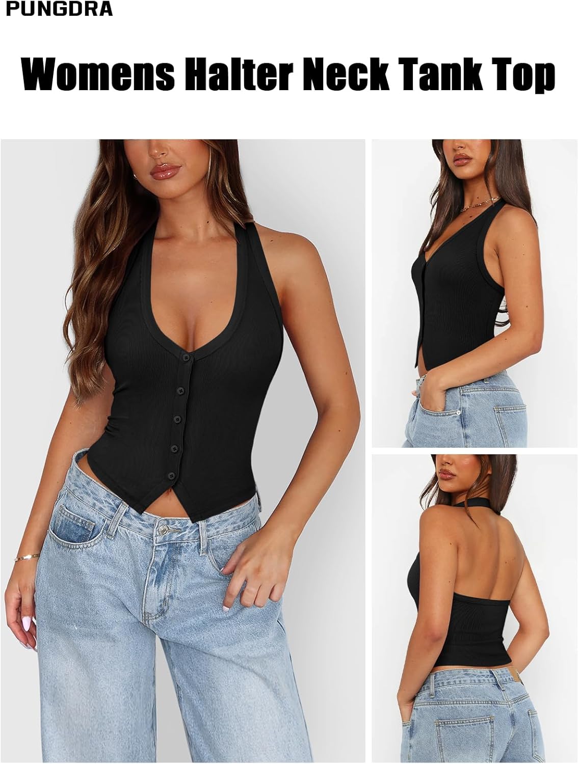 Womens Button Down Tank Top for Women Ribbed Button Up Halter Fitted Vest Summer Sexy Trendy Cute Crop Going Out Tops - Image 3