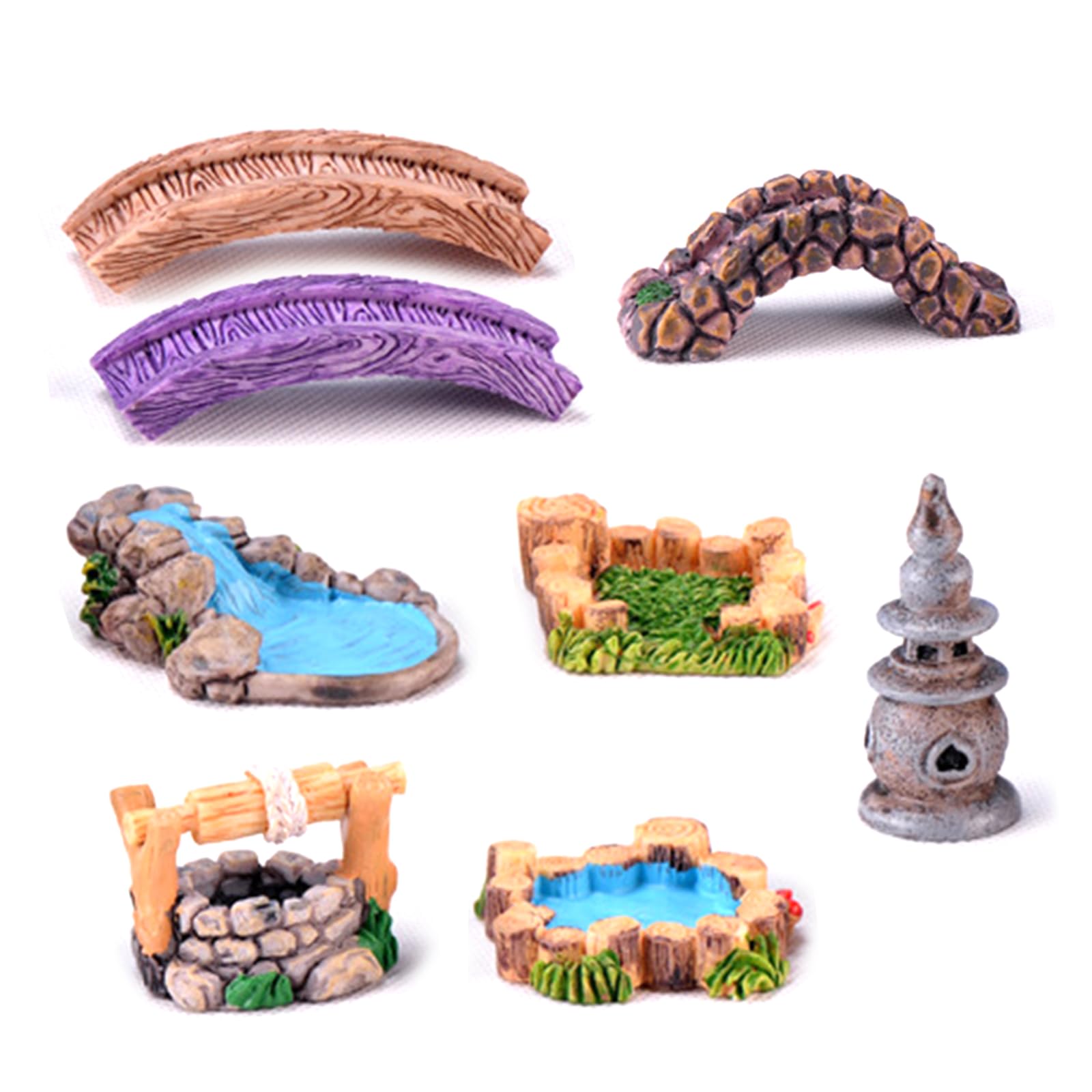 8 Pcs Fairy Garden Accessories Outdoor Resin Miniature Bridge Figurines Mini Lighthouse Tiny Water Well Micro Pond Small Lawn Ornaments Kit for DIY Craft Gift Landscape Dollhouse Succulents Home Decor