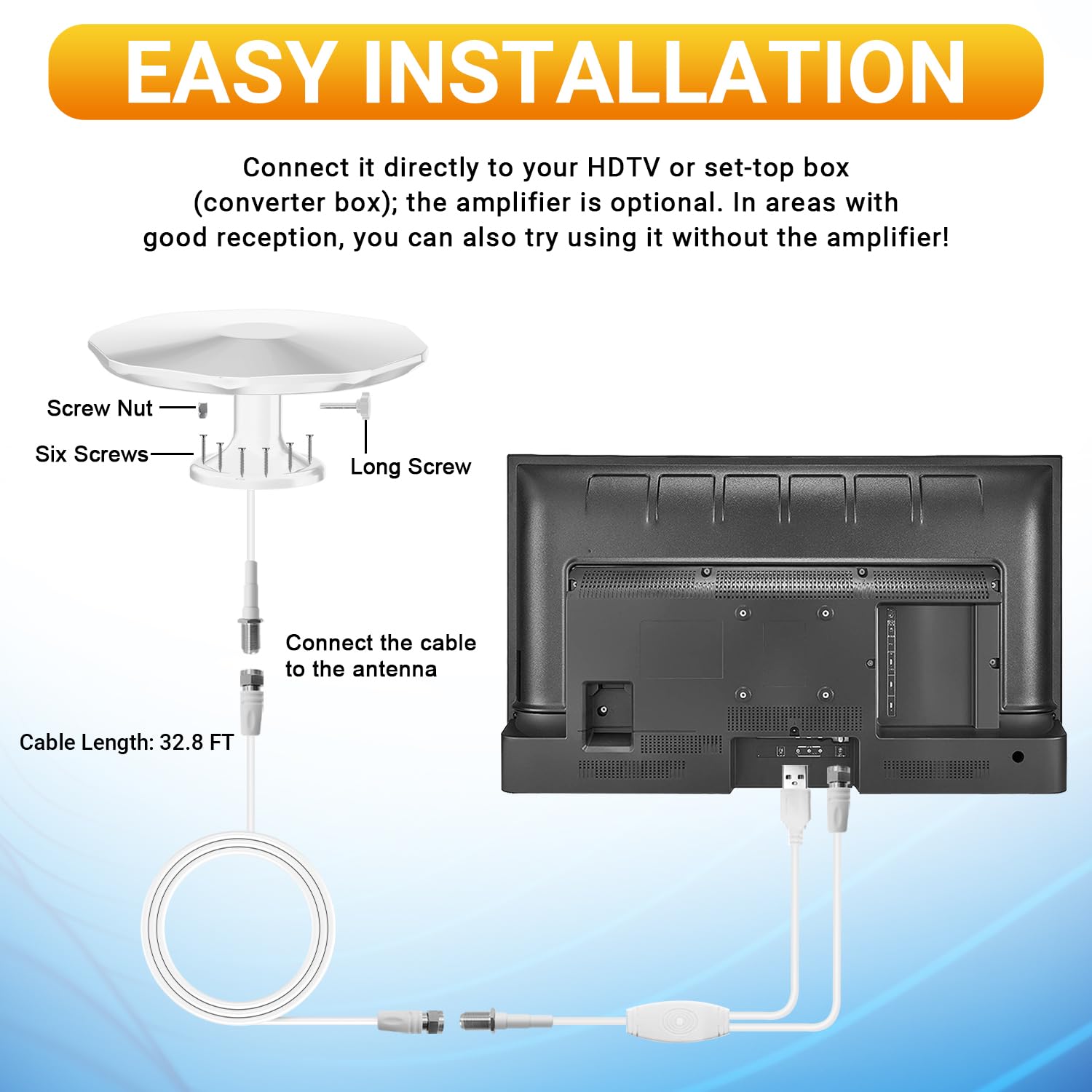Antenne TV d'extérieur omnidirectionnelle à 360°, antenne d'extérieur numérique HDTV 4K pour Smart TV chaînes locales avec câble de 10 m et longue portée pour grenier/camping-car/camping-car