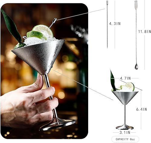 Miniatura 2 de USEEKRIL Juego de 4 vasos de Martini de acero inoxidable con púas y cuchara, vasos de Martinin irrompibles de 7 onzas, vasos para exteriores para