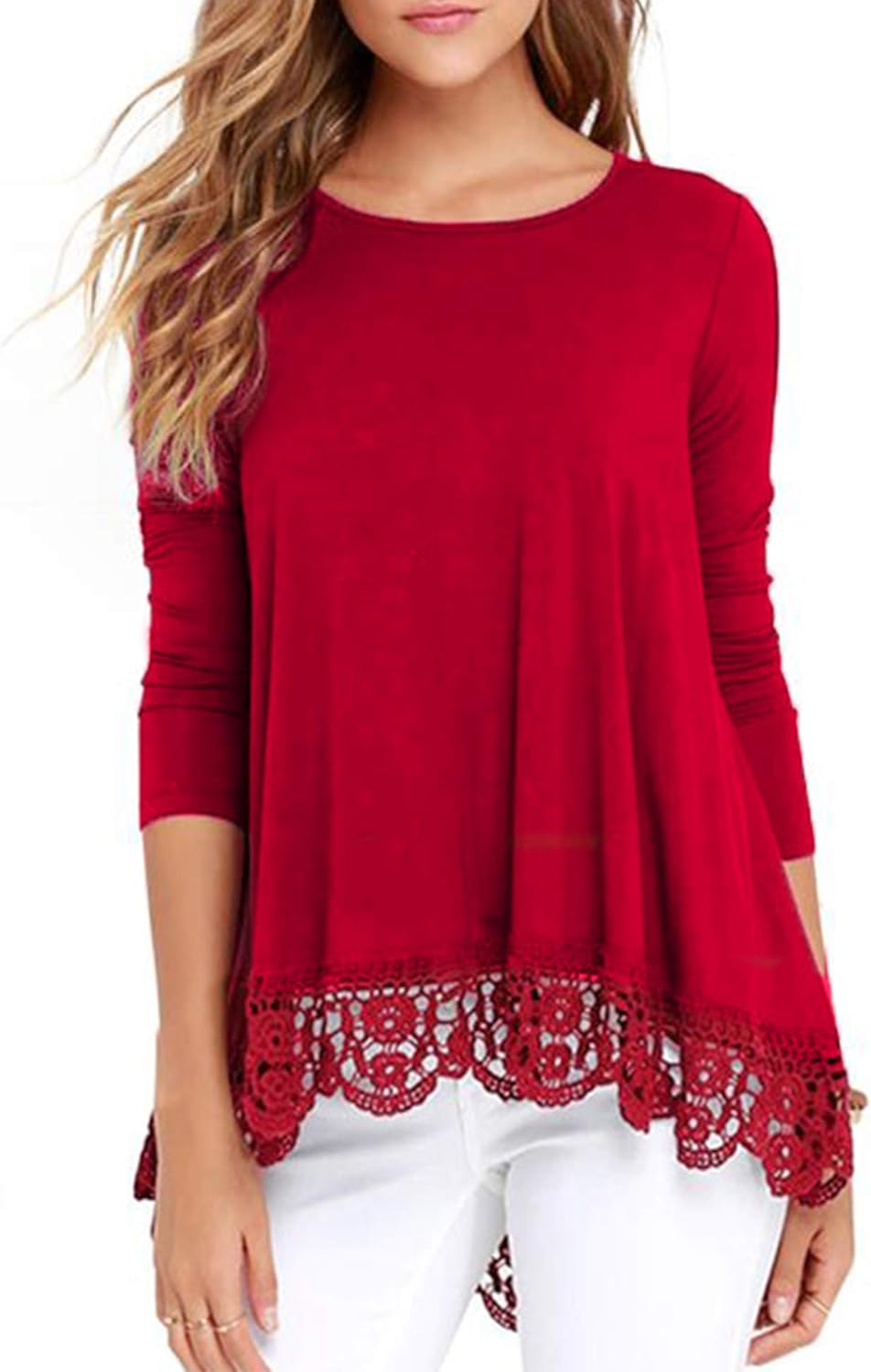 RAGEMALL Women's Tops Long Sleeve Lace Trim O-Neck A-Line Tunic Blouse Tops for Women