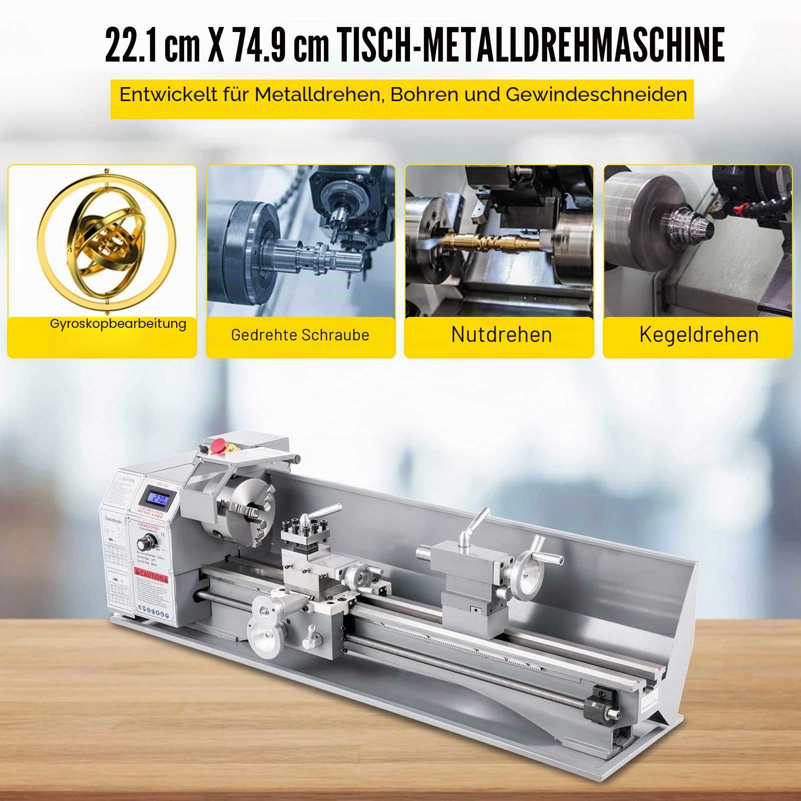 VEVOR Metalldrehmaschinen Mini Drehbank 220x750mm Drehmaschine Metall 750 W Mini Drechselbank für Metallbearbeitung wie Drehen, Bohren, Gewindeschneiden und Schneiden
