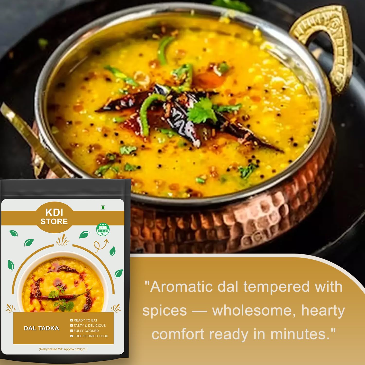 KDI Store Dal Tadka, Ready to Eat Indian Lentil Curry, USDA Organic, Freeze Dried, Fully Cooked, 55g