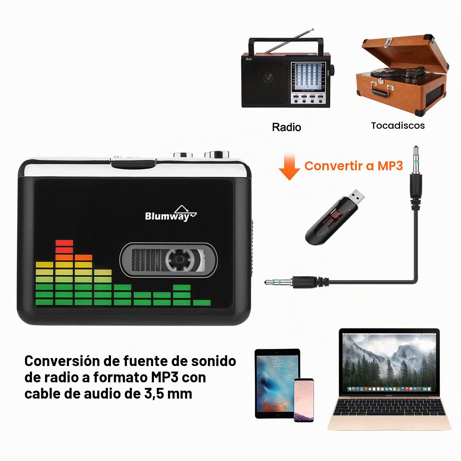 BlumWay Convertidor de Casete a MP3, Reproductor de Casete portátil a través de USB Drive, Cinta de Audio y música a Reproductor MP3 con Auriculares