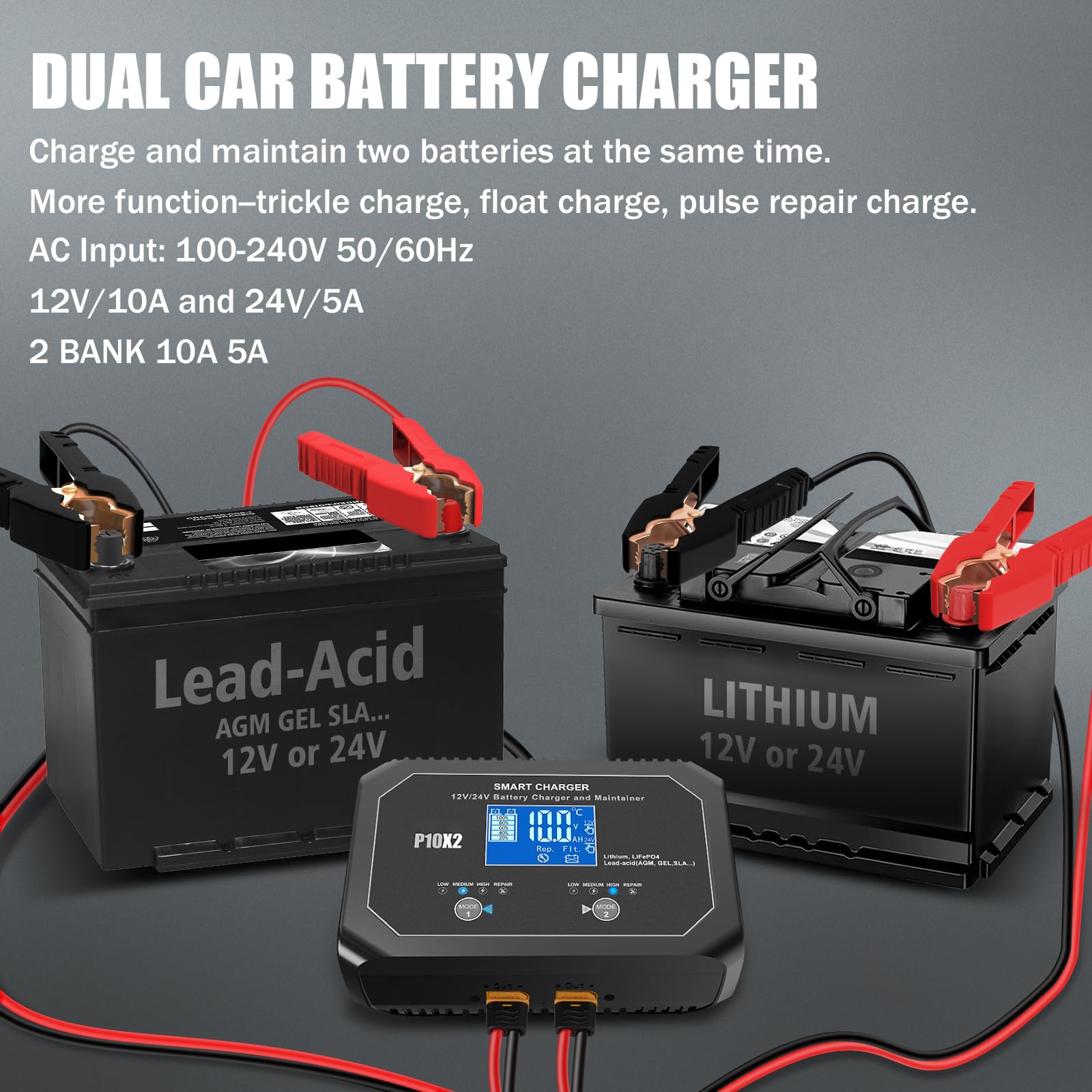 2-Bank 20A(10A/Bank) Car Battery Charger, 12V 24V Automatic Automotive Charger, Battery Maintainer, Trickle Charger for Car, Motorcycle, Marine, Boat, Lead-Acid, Lithium, LiFePo4 Battery