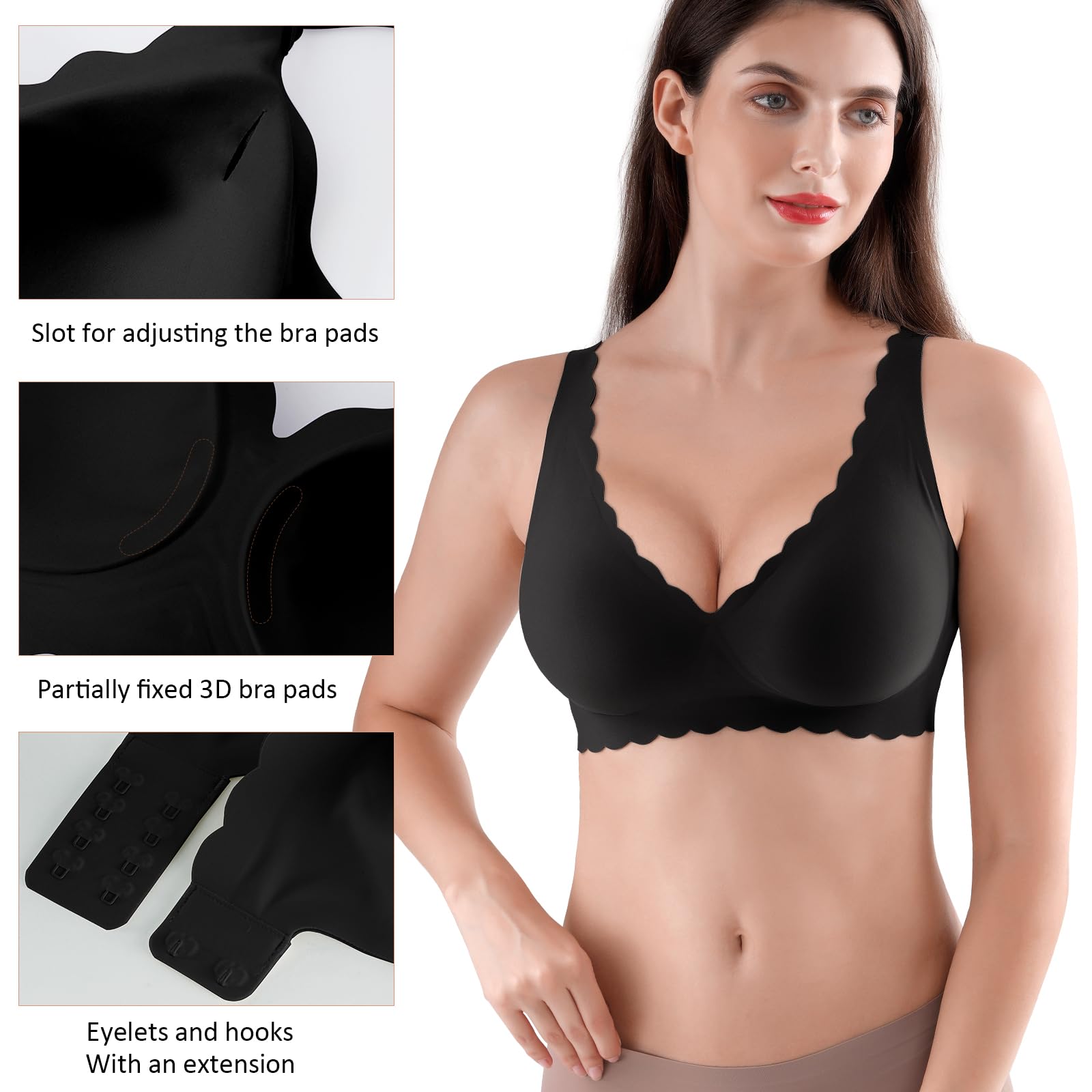 Reggiseni da donna senza cuciture senza ferretto morbidi reggiseni push up reggiseno imbottito senza fili maglietta bralette per dormire supporto confortevole copertura completa, Nero , L