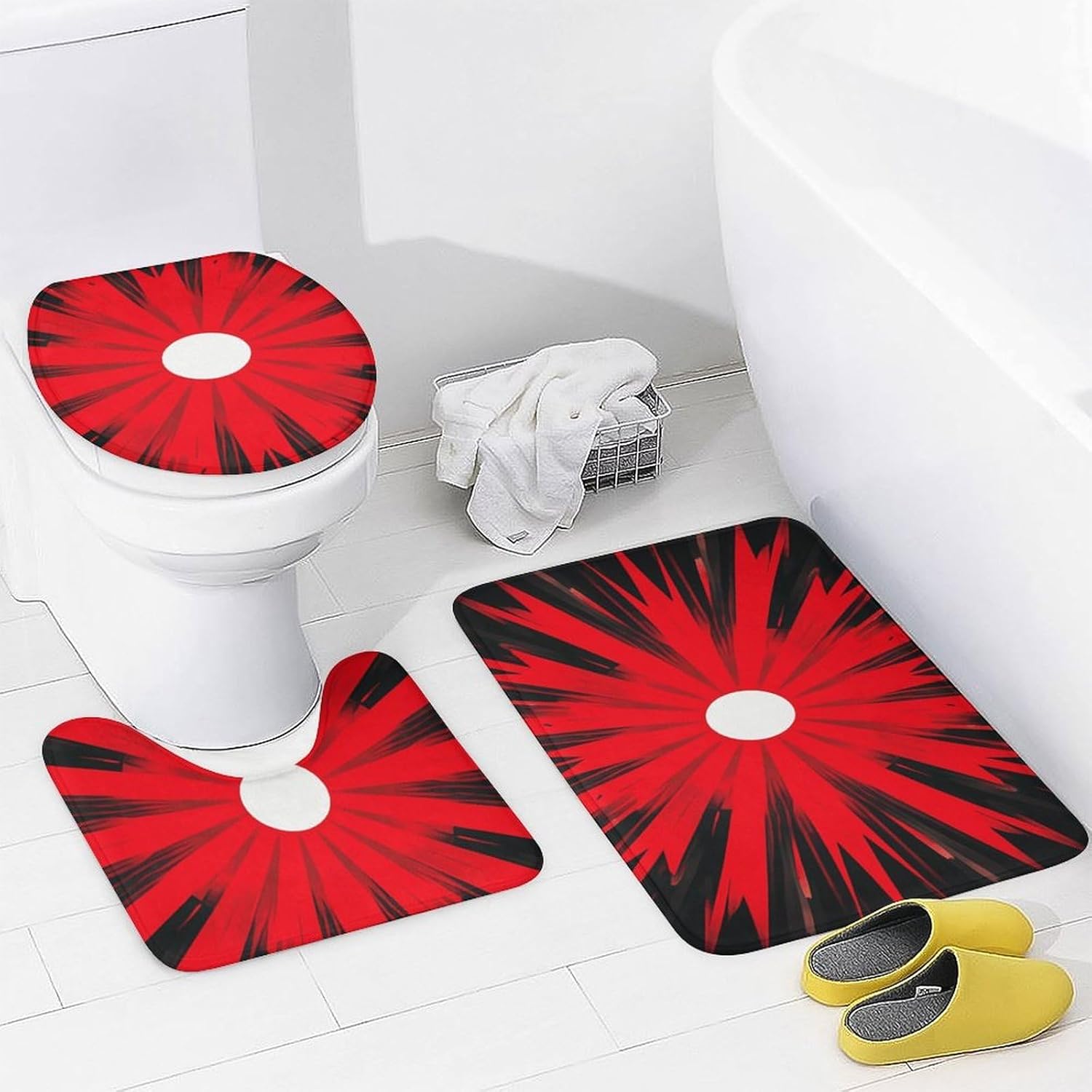 Explosion Burst Red Black Shower Curtain Set 4 Piece, Non-Slip Bath Mat with Toilet Lid Cover and Waterproof Shower Curtain with 12 Hooks, Complete Bathroom Set for Home Decor