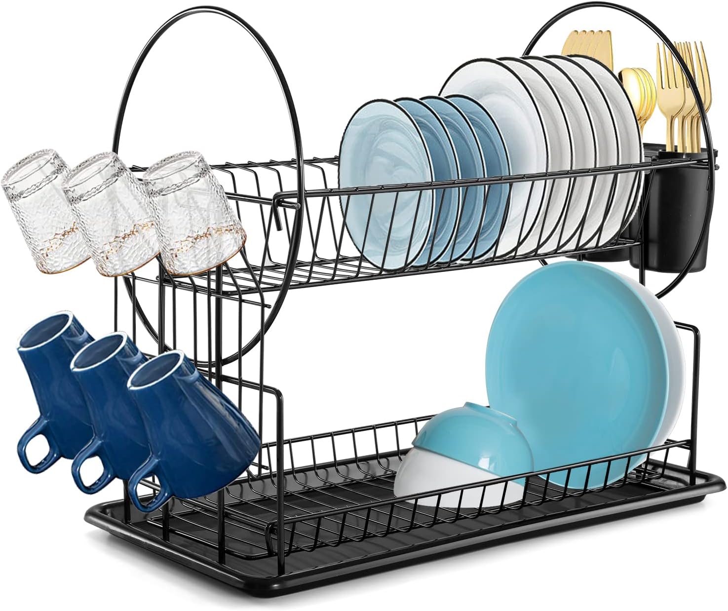 DynaLiving Dish Rack 2 Tier Black Dish Drainer Rack with Drip Tray