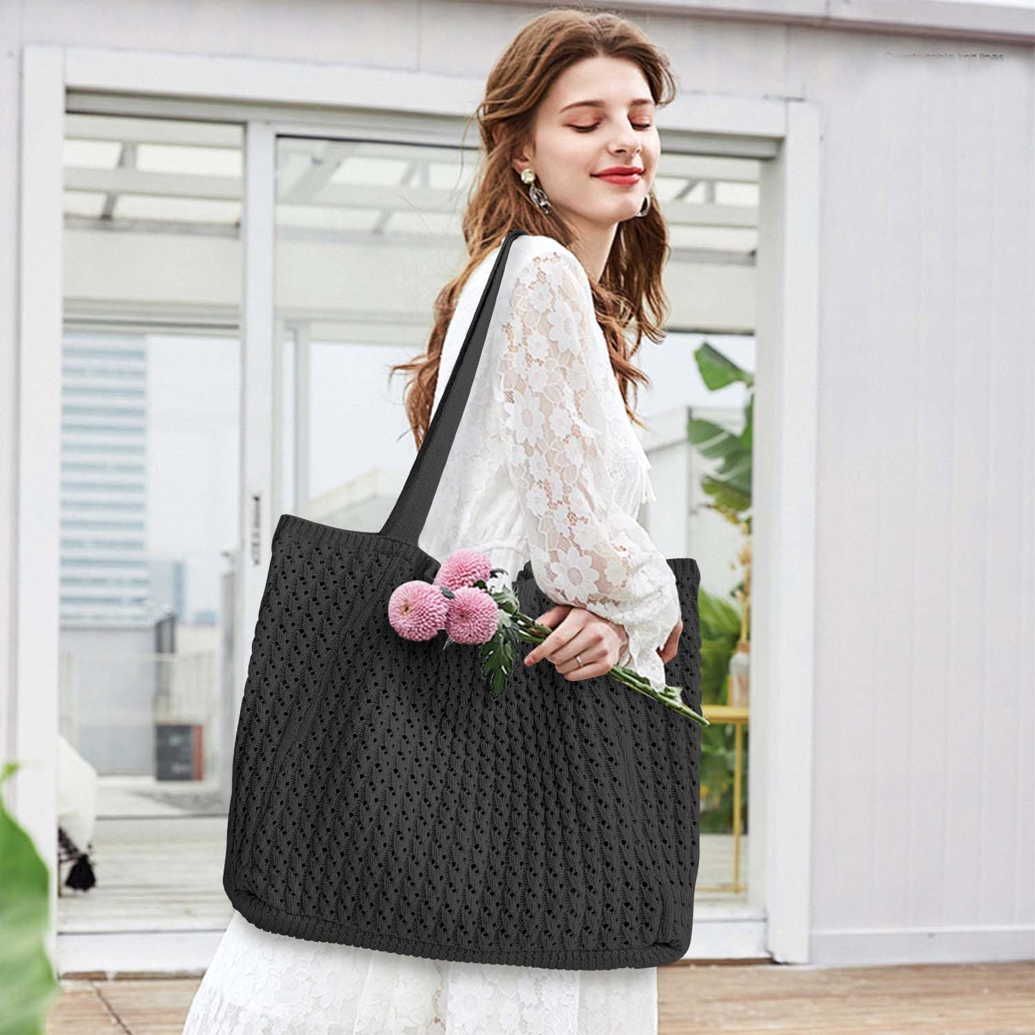 Ayieyill Crochet Tote Bag For Women, Crochet Mesh Beach Tote Bag Summer Vacation Aesthetic Boho Knit Bag for Women - Image 3