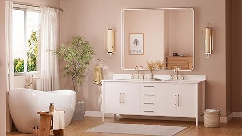 Miniatura 190 de TETOTE Espejo de 60 x 36 pulgadas para baño, espejo de tocador dorado de latón cepillado, espejo de pared grande rectangular con marco de metal Oro