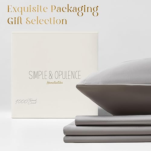Miniatura 7 de Simple&Opulence Juego de sábanas 100% algodón de 1000 hilos para cama tamaño King, tejido de satén de fibras largas, sábana bajera y encimera con 2