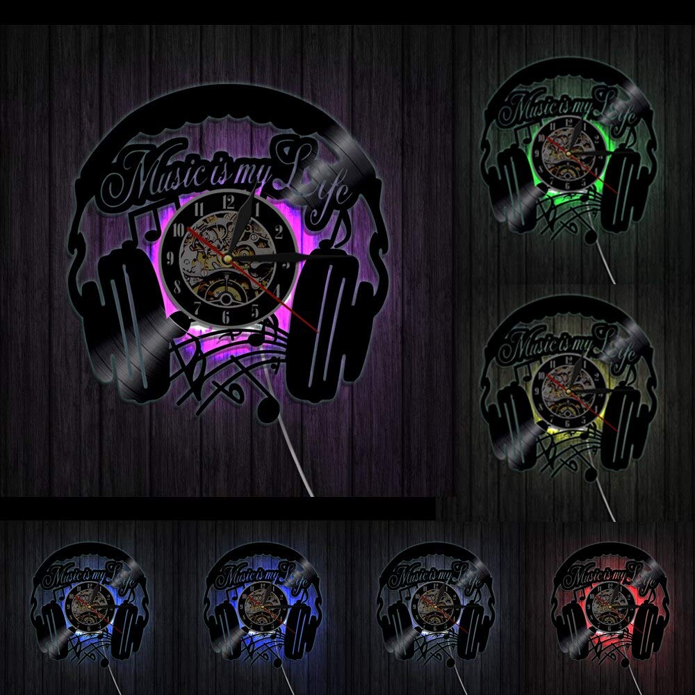 Music Is My Life Orologio da parete con disco in vinile Decorazioni per la casa Orologio da parete Orologio da parete Cuffie Orologi a tempo Appassionati di musica rock Appassionati Idea regalo Diam