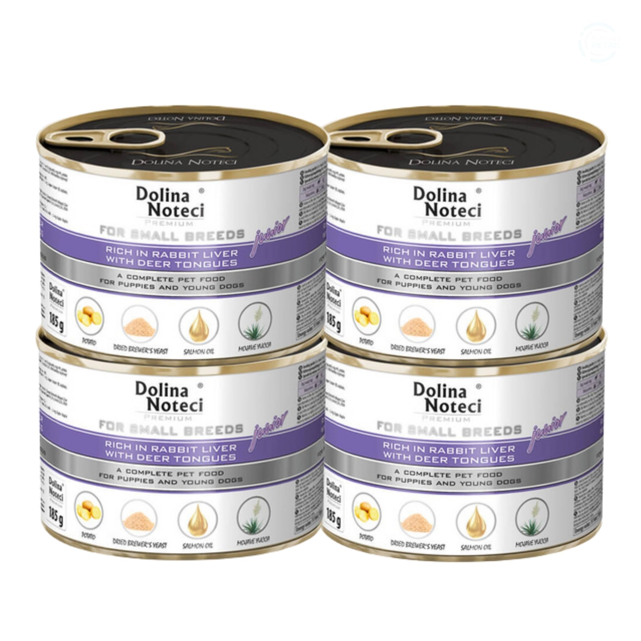 Dolina Noteci Premium Puppy Food for Small Breeds - Rabbit Liver & Deer Tongues - Complete Wet Dog Food - Grain-Free Natural Recipe - 4x 185g Cans - Hypoallergenic