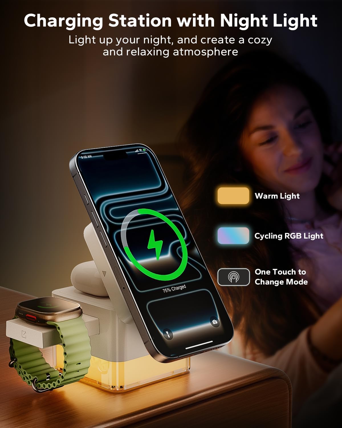 KPON for iPhone Nightstand Charging Station,15W 3 in 1 Wireless Phone Charger Stand with Night Lamp, Travel Foldable Magnetic Cube Magsafe Dock for iPhone 17 16 15 14 13 12 Series/Apple Watch/Airpods
