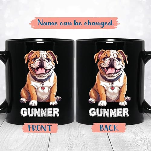 Miniatura 2 de Taza de café de Bulldog Inglés con nombre personalizado, regalo para hombres, mujeres, amantes de los perros, taza de cerámica negra personalizada