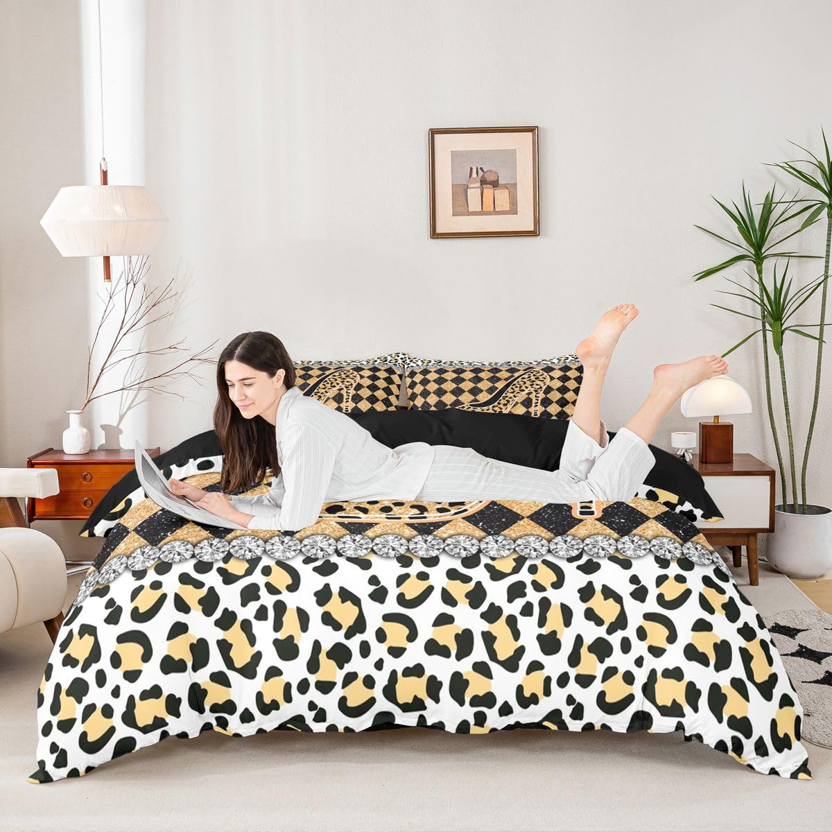 Homewish Dziewczęce lampart nadruk panthera siatka wysokie obcasy king size zestawy poszewek na kołdrę bawół krata pościel dla dorosłych nastolatków kobiet skóra kratka symulowana poszewka na kołdrę