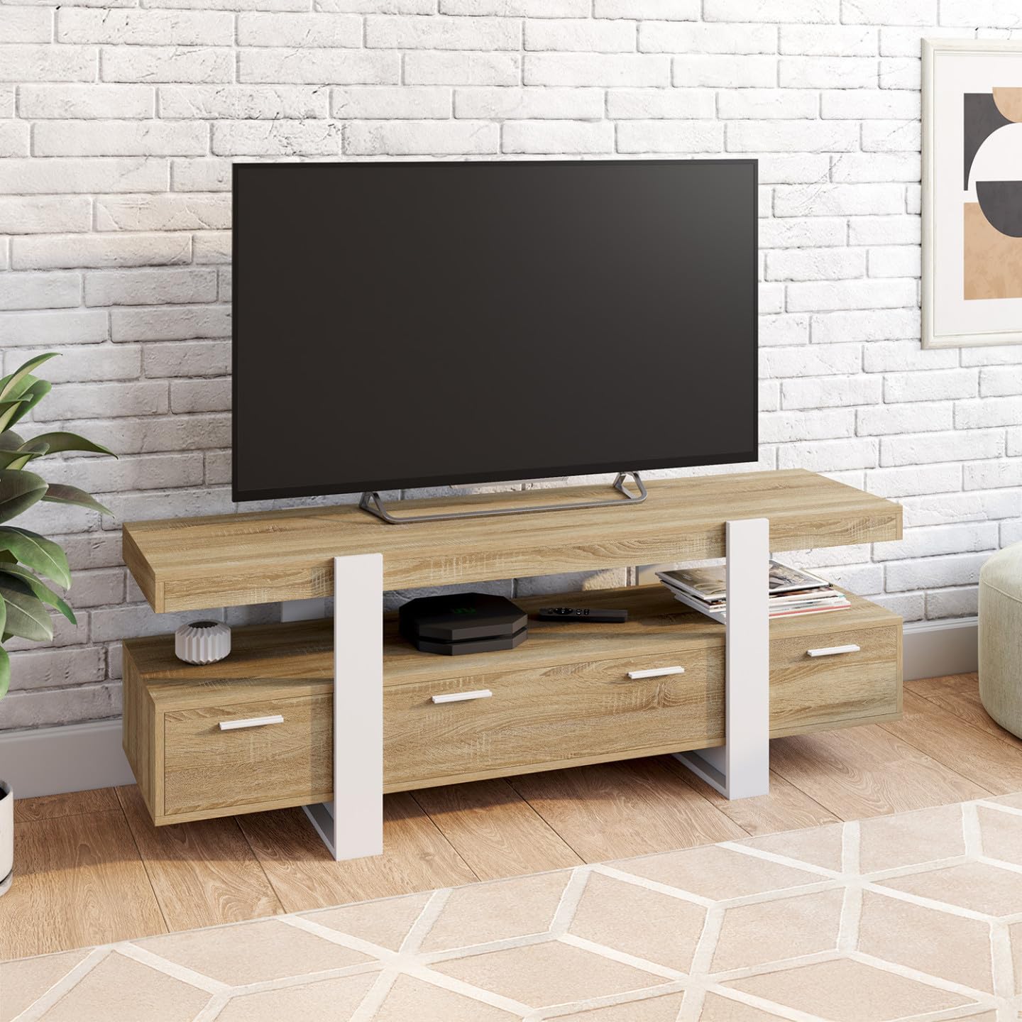 IDMarket - Meuble TV 140 cm Phoenix avec tiroirs Bois et Blanc
