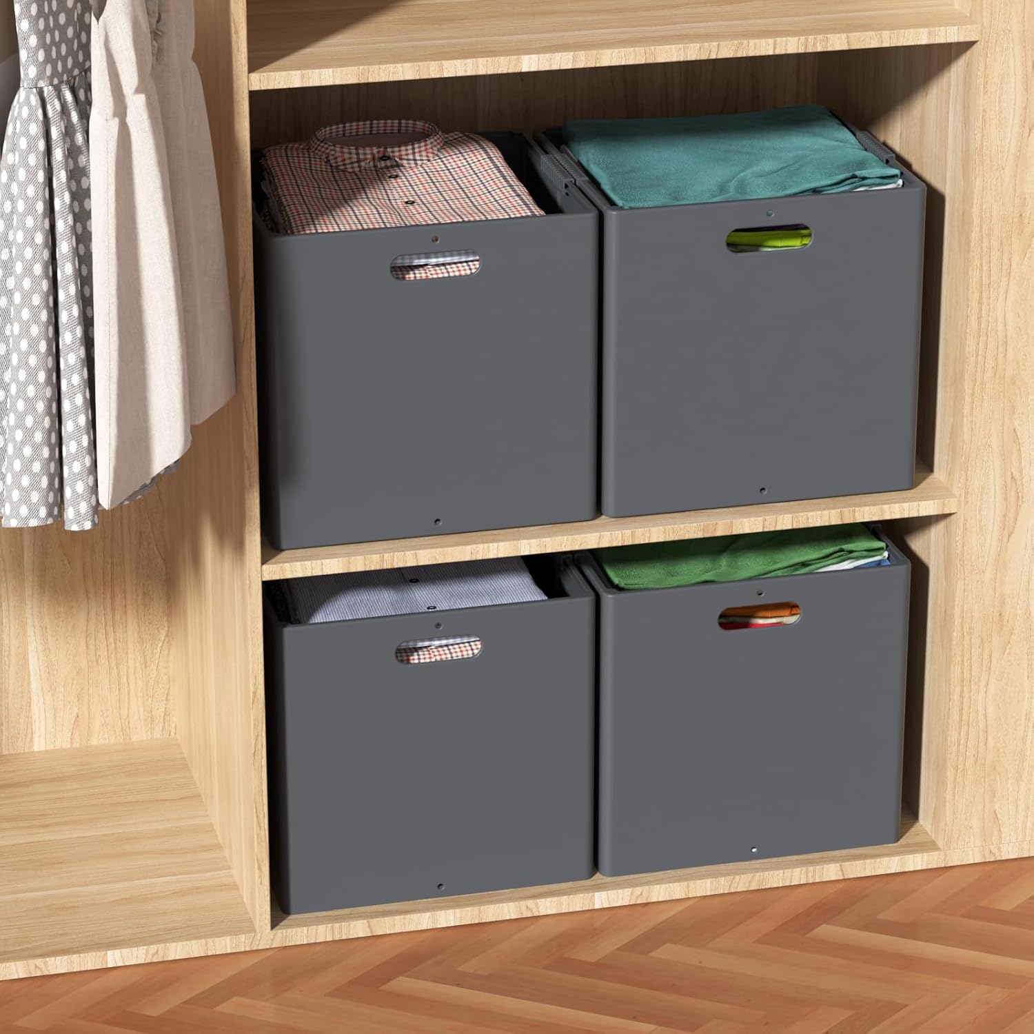 13 Inches Plastic Foldable Cube Storage Bins, Collapsible Storage Cubes, Gray, 4 Packs