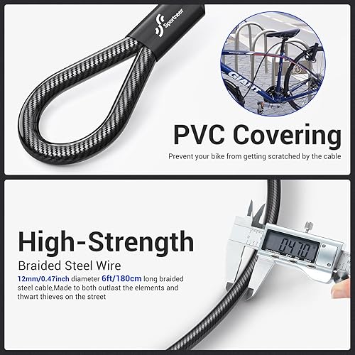 Miniatura 3 de Sportneer Cerradura de bicicleta U candado de bicicleta resistente con grillete de 0.709 in con cable de acero de seguridad de 6 pies - Cerraduras