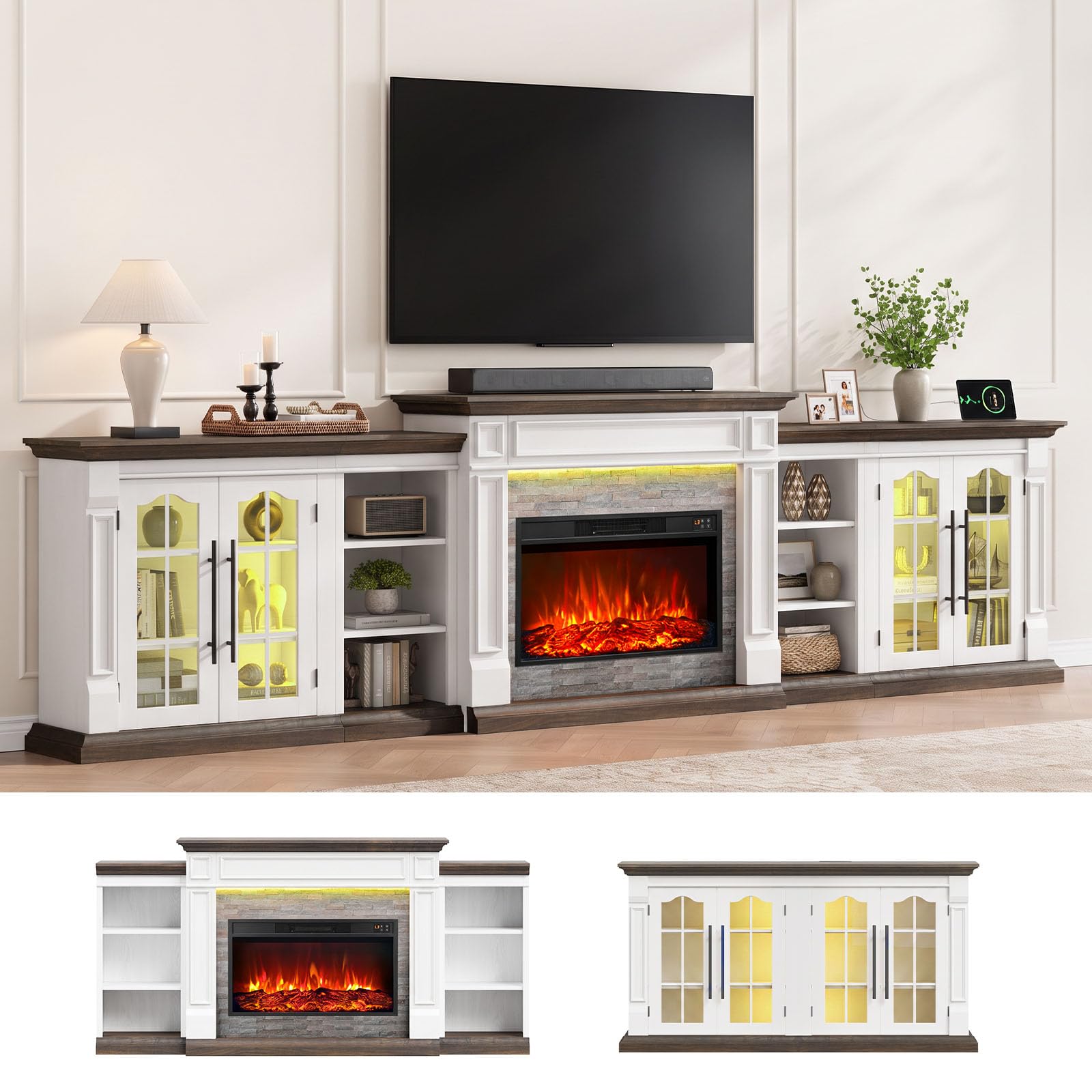 LGHM 135" Fireplace TV Stand W/Outlet &amp; LED Strip, 4 in 1 Modular Design