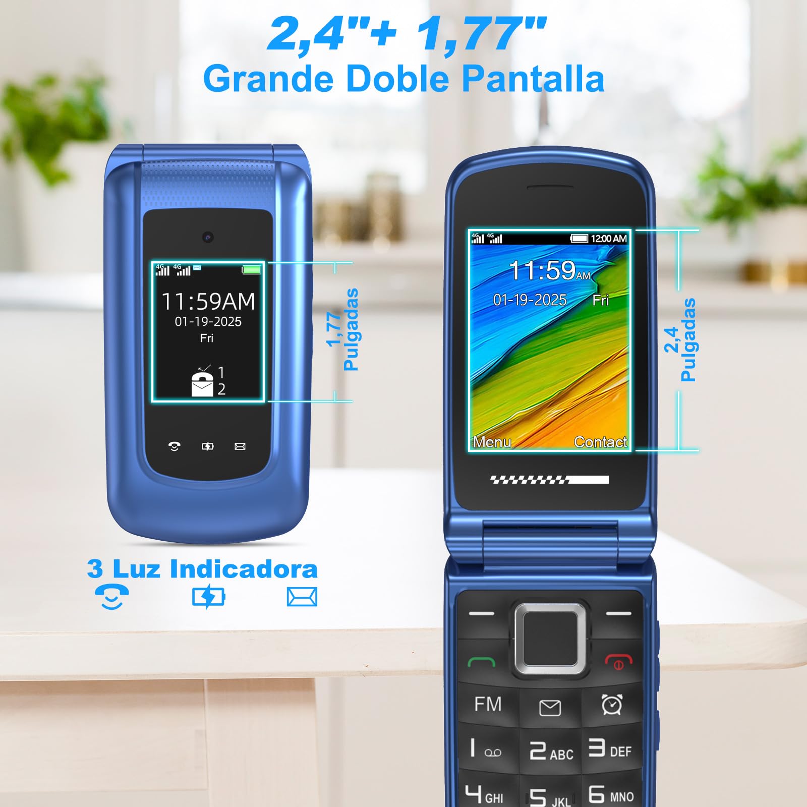 Usteetic 4G Teléfono Móvil para Personas Mayores, Teléfono Móvil con Tapa Teclas Grandes Botón SOS Pantalla Doble de 2,4 y 1,77 Pulgadas Doble SIM USB-C Despertador Base de Carga, Fácil de Usar, Azul