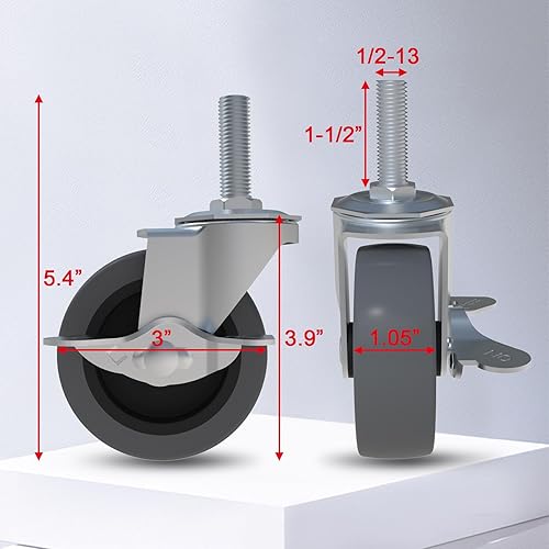 Miniatura 10 de AAGUT Ruedas giratorias, 3 pulgadas de goma resistente 38"-16" x 1-12", ruedas industriales de vástago roscado, frenos de bloqueo, rueda giratoria