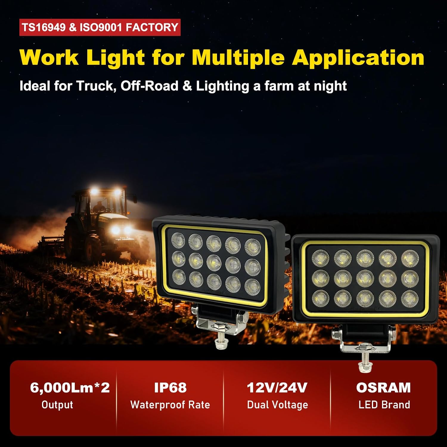 150W 6 Inch LED Tractor Work Lights, 2PCS 12000LM Construction Lights for Trucks, IP68 Waterproof Offroad Lighting Flood Lights for Farm Equipment, 12V/24V (Yellow Frame)