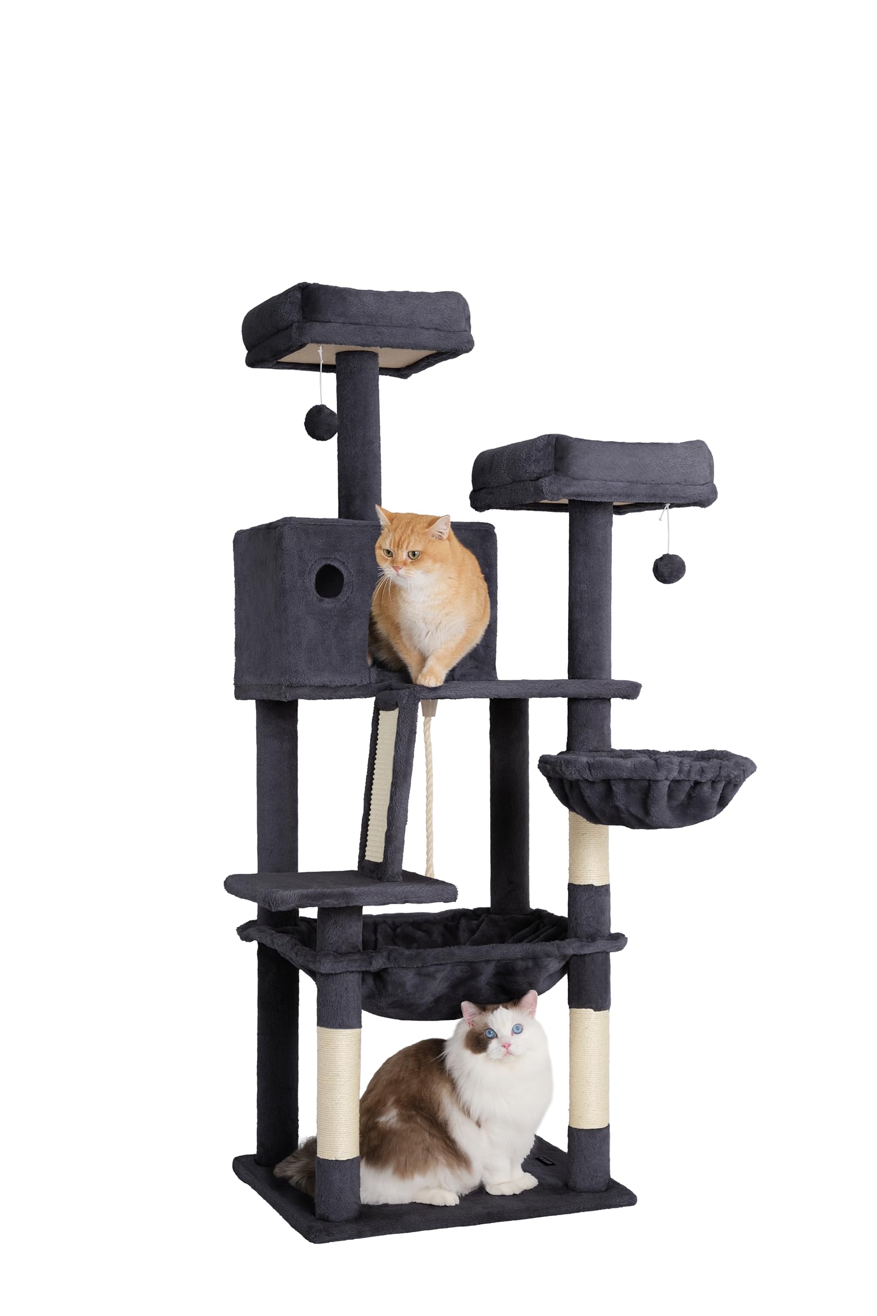 Ouritsu Cat Tree, 56 inch Tall Cat Tower for Large Cat Indoor, Large Condo, 2 Padded Perches, Large Hammock, Scratching Post and ramp, Fluffy Basket, Dark Gray, LF001DG