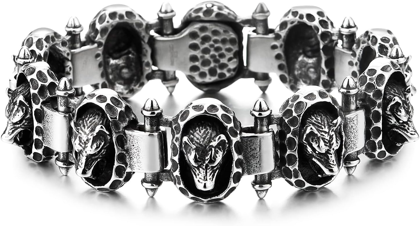 COOLSTEELANDBEYOND Mens Steel Wolf Head Bracelet, Vintage Blackened Dotted Oval Charms Link Chain Bangle, Heavy-Duty, Punk