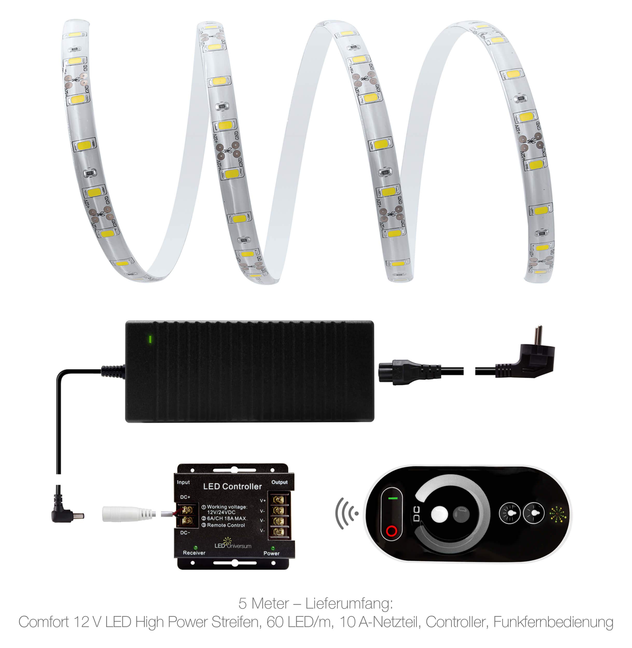 Tira de luces LED de alta potencia (5 m, 60 ledes SMD 5630, 1800 lm/m, IP65, 12 V), incluye controlador, mando a distancia y fuente de alimentación.