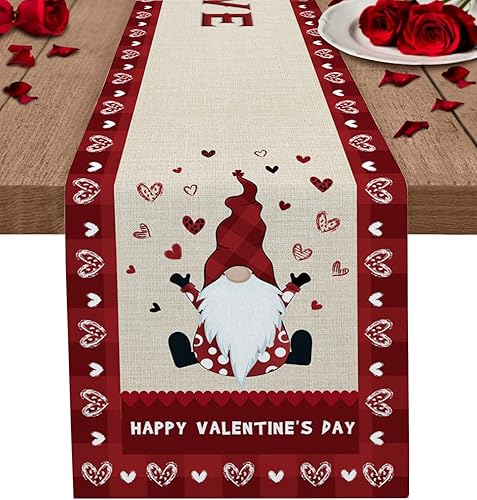 Miniatura 10 de Camino de mesa de gnomo para el día de San Valentín, 13 x 90 pulgadas, lindo corazón de gnomo rojo, a cuadros, camino de mesa de lino