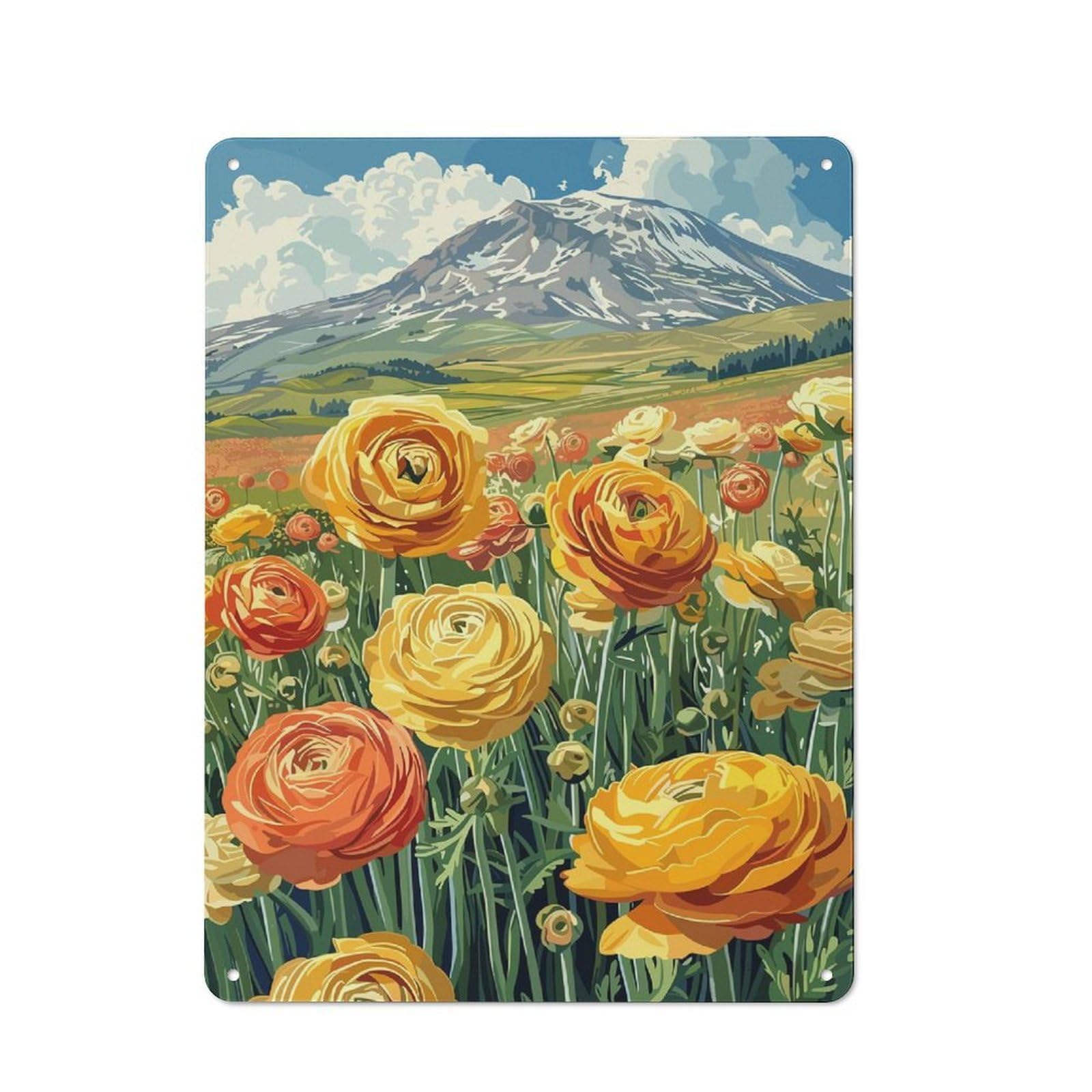 Junmoney Style-14 Metal Wall Plaque With Mountain Meadow Flowers Design 40X30cm, Simple Retro Studio Wall Plaque For Hobby Room, Office, Lounge Or Living Room