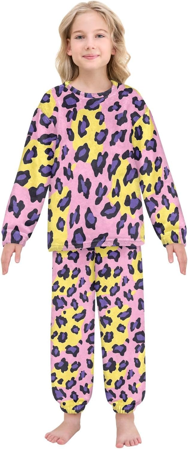 Kids Flannel Sets Yellow Purple Leopard Print Warm Plush Relaxed Clothing for Boys and Girls