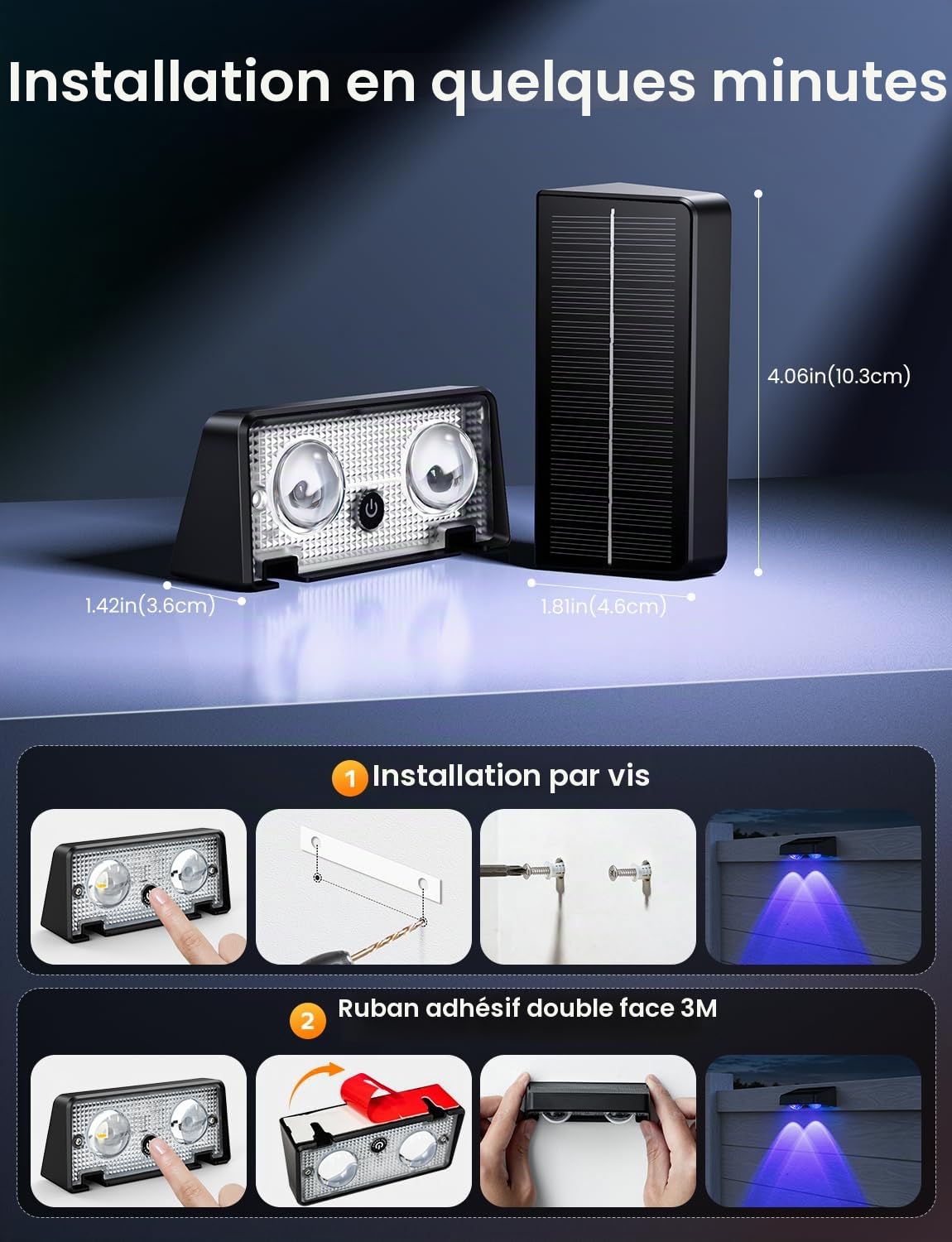 Lot de 8 lampes solaires d'extérieur à changement de couleur IP65, étanches IP65, 9 couleurs et 11 modes d'éclairage, lampes murales solaires du crépuscule à l'aube pour clôture, patio