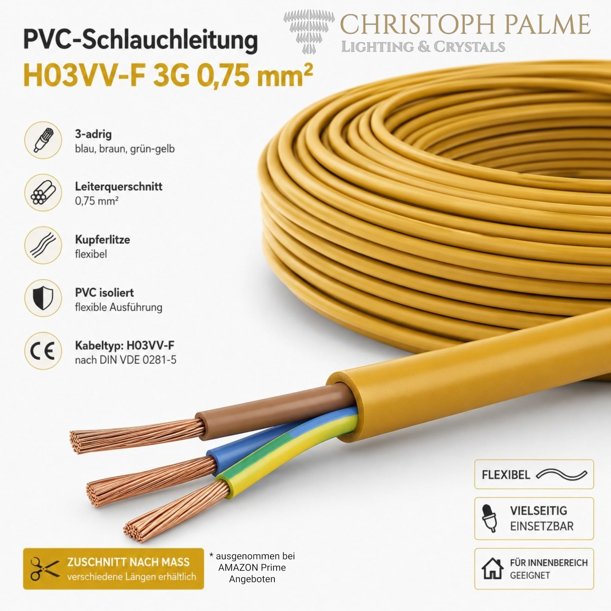 3m Stromkabel Gold Antik 3x0,75 mm² 3-adrig H03VV-F PVC Kabel flexible Elektroleitung Rundkabel Kabel 3m Stromkabel Gold Antik 3x0,75 mm² 3-adrig H03VV-F PVC Kabel flexible Elektroleitung Rundkabel Kabel