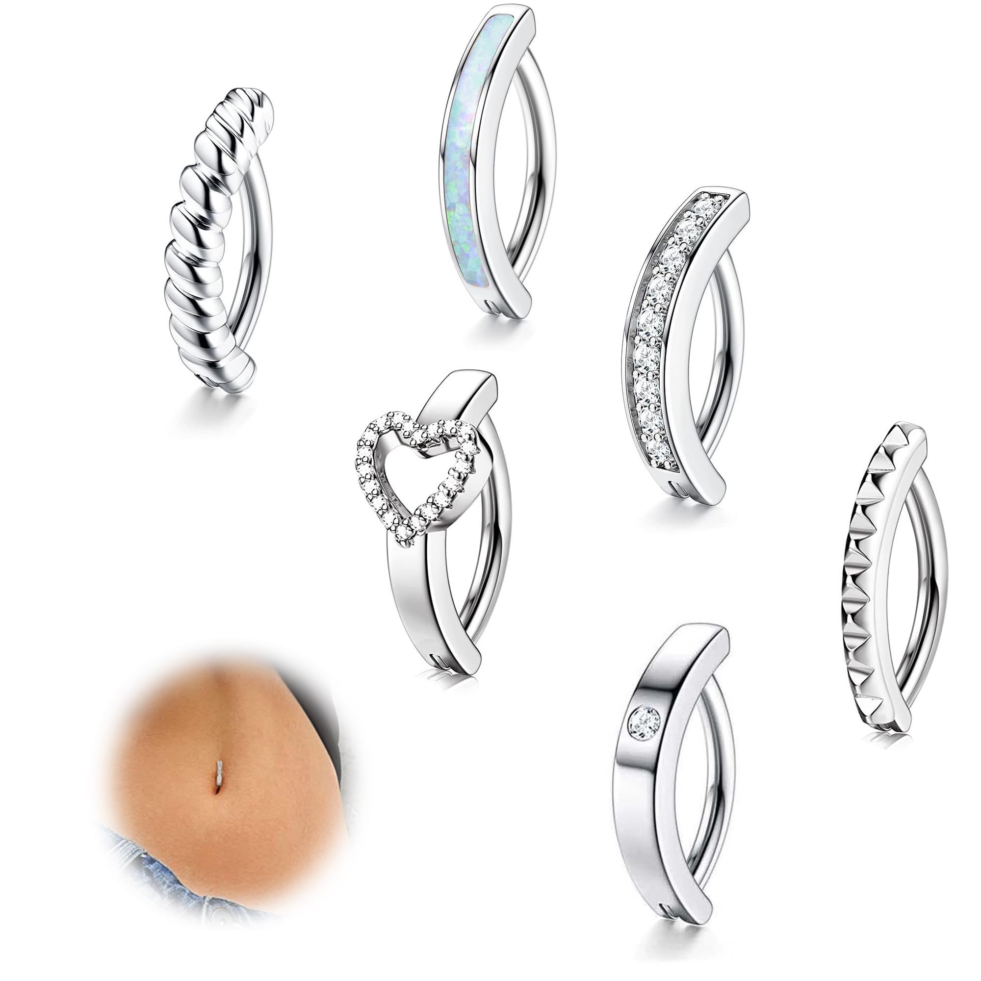 FIOROYAL 6Piezas 14G Piercing Ombligo Plata Oro Clicker Piercing Ombligo Aro Circonio Ópalo Corazón Curvo Piercing Ombligo Anillos Verano Corporal Piercing Joyas