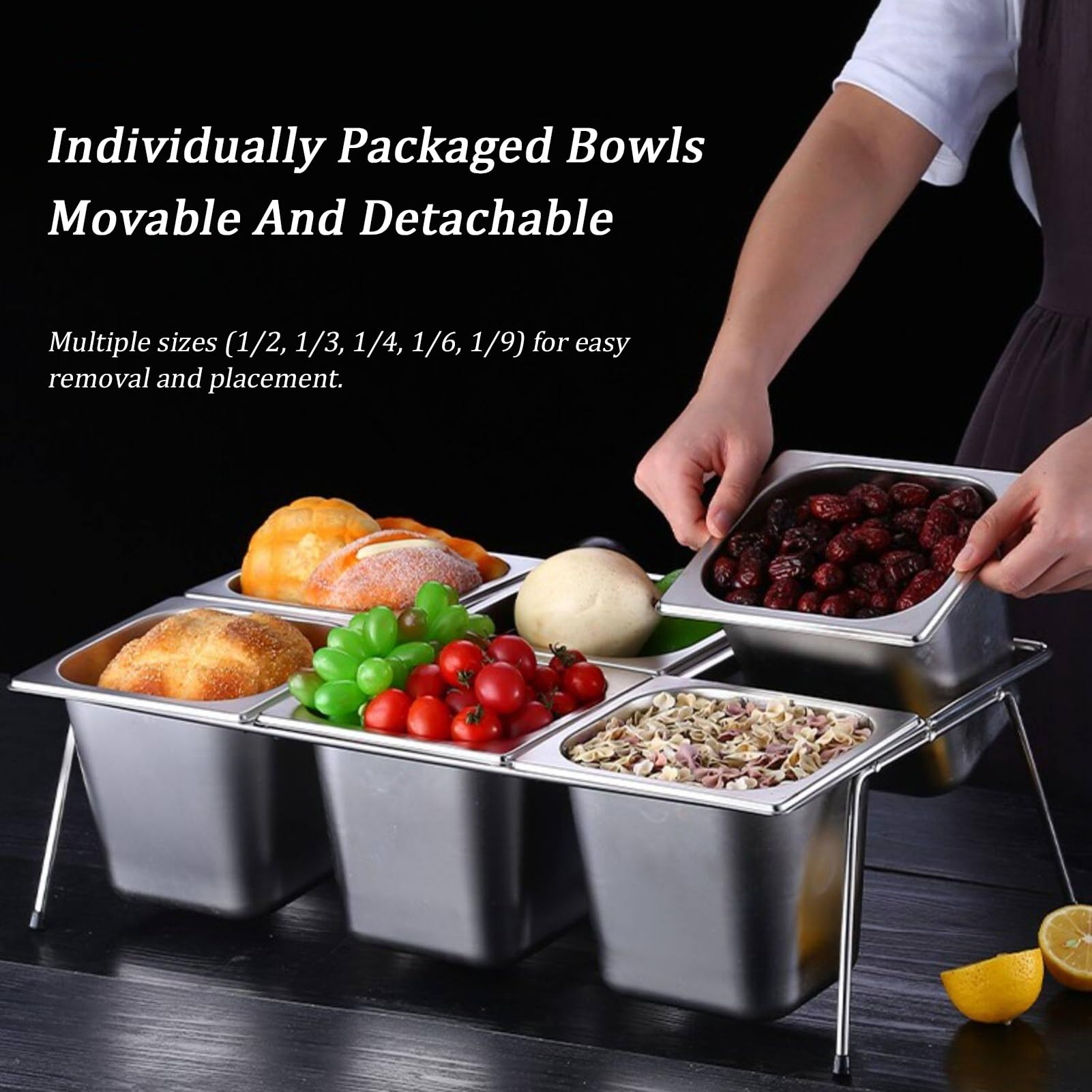 Contenedor de acero inoxidable para servir alimentos con tapa transparente, organizador de encimera, estante de exhibición de especias, contenedor de buffet de despensa para salsas y mermeladas