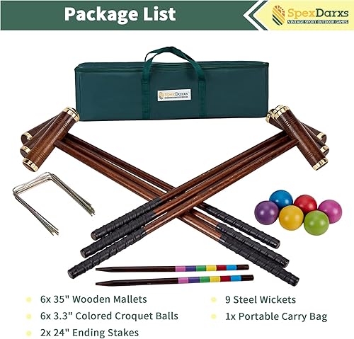 Miniatura 7 de Juego de croquet para seis jugadores, juego de croquet de 35 pulgadas con mazos de madera de primera calidad, bolas de colores, mechones, estacas,