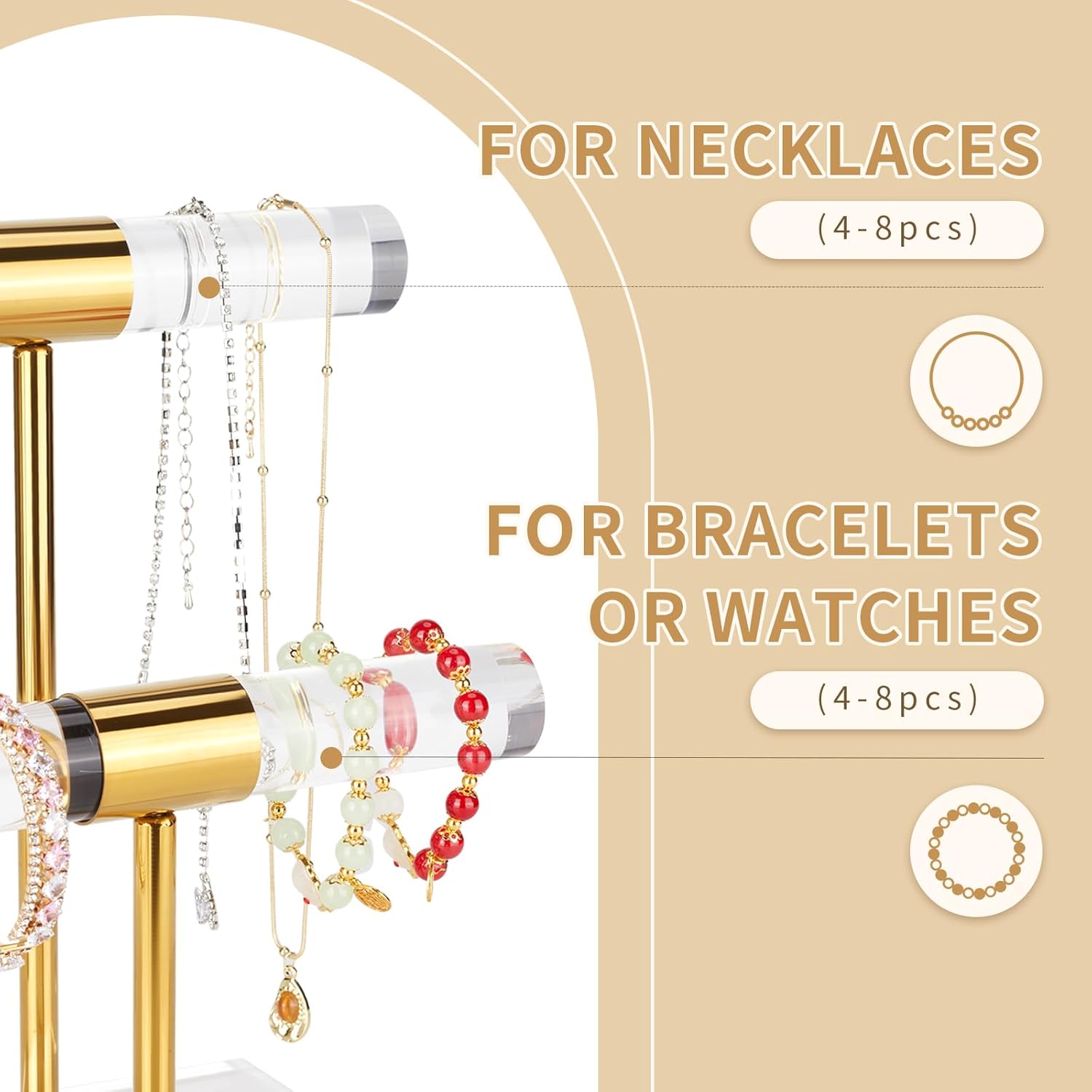 Necklace Holder Bracelet Holder, 2-Tier Acrylic Jewelry Display Stand Gold Jewelry Tower Stand Crystal T Bar Jewelry Organizer Gift for Women(2-Tier 1pc) - Image 3