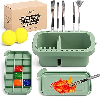 DUGATO 3-in-1 Paint Brush Cleaner, Washer, Holder & Palette - Artist Basin with Lid & Sponges for Acrylic, Watercolor, Oil Painting - Art Studio Organizer (Green)