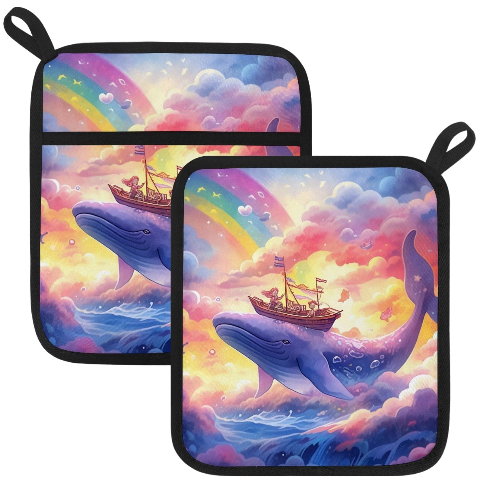 VAPOKF Whale Rainbow Pot Holder, Heat Resistant Oven Cloths, Potholders & Oven Gloves, for Kitchen Cooking & Baking, Thick & Safe, Protection of Hands From Hot Utensils