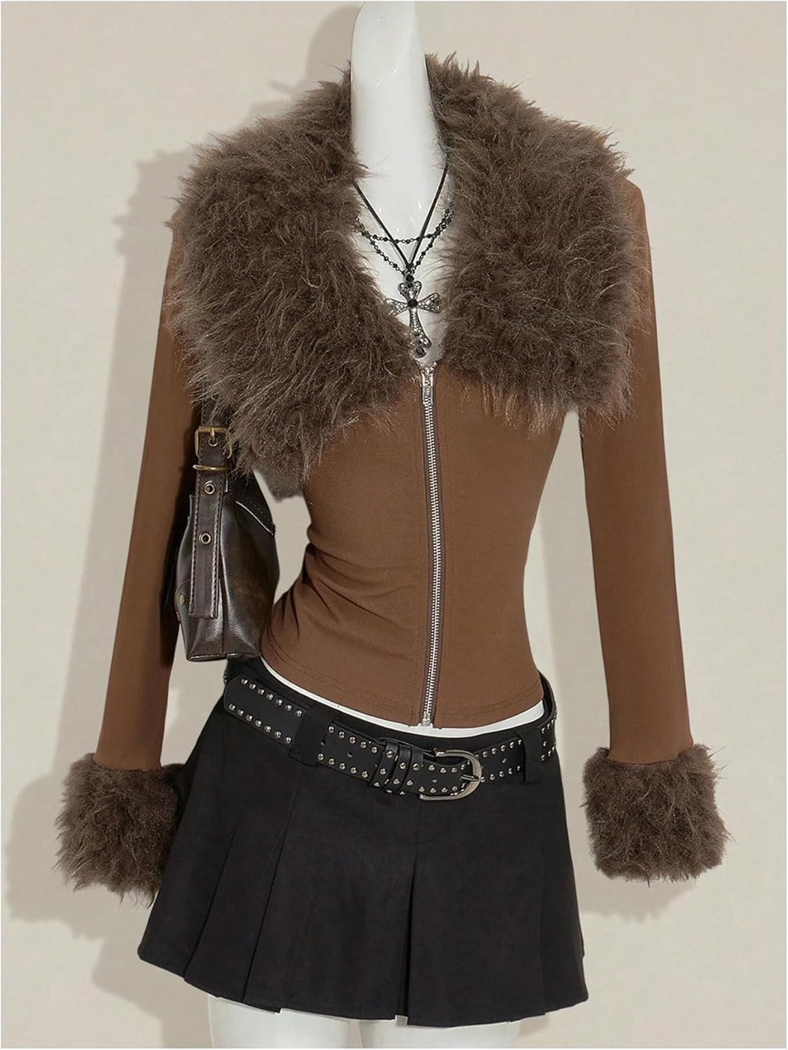 MakeMeChic Women's Faux Fur Jacket Long Sleeve Zip Up Grunge Gothic Coat Outerwear Fall Clothes - Image 3