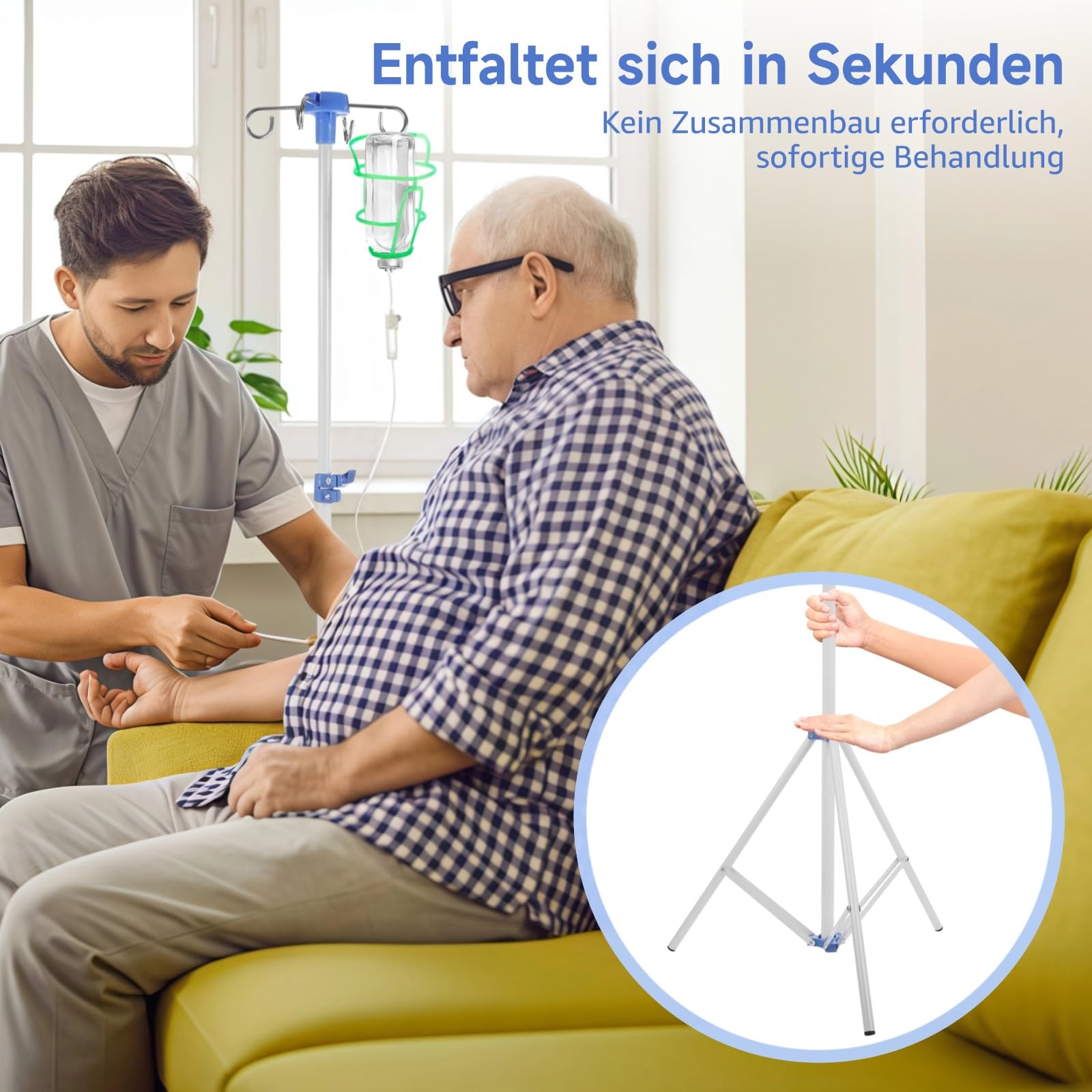 Verstellbarer Infusionsständer, tragbarer Infusionsständer für unterwegs und zu Hause, faltbarer Infusionsständer mit 4 Haken, Edelstahl-Infusionshalter mit 3 Infusionsnetzen, 77–192cm (weiß)