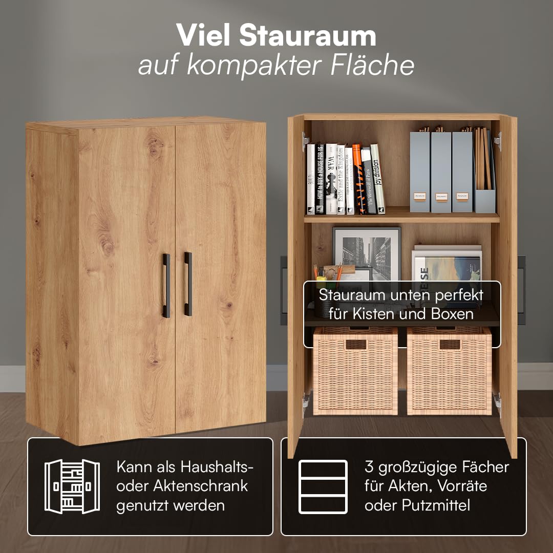 Bellamio Apol Büroschrank 60 cm, mit 3 Fächern, Eichenoptik | Aktenschrank aus Holz, kleines Bücherregal mit 2 Türen für Flur/Wohnzimmer/Büro, Aufbewahrungsschrank